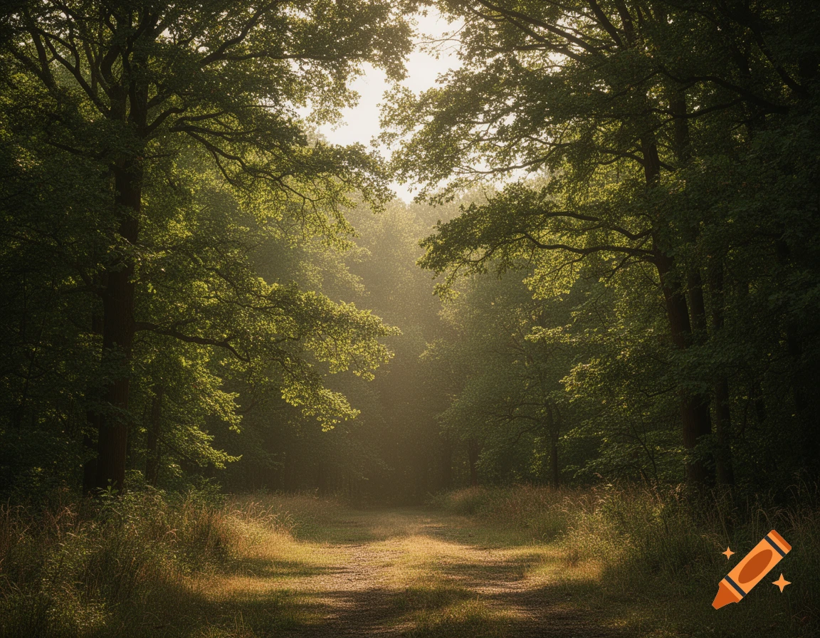 Sunlight streams through green trees onto a winding dirt path in a peaceful forest.