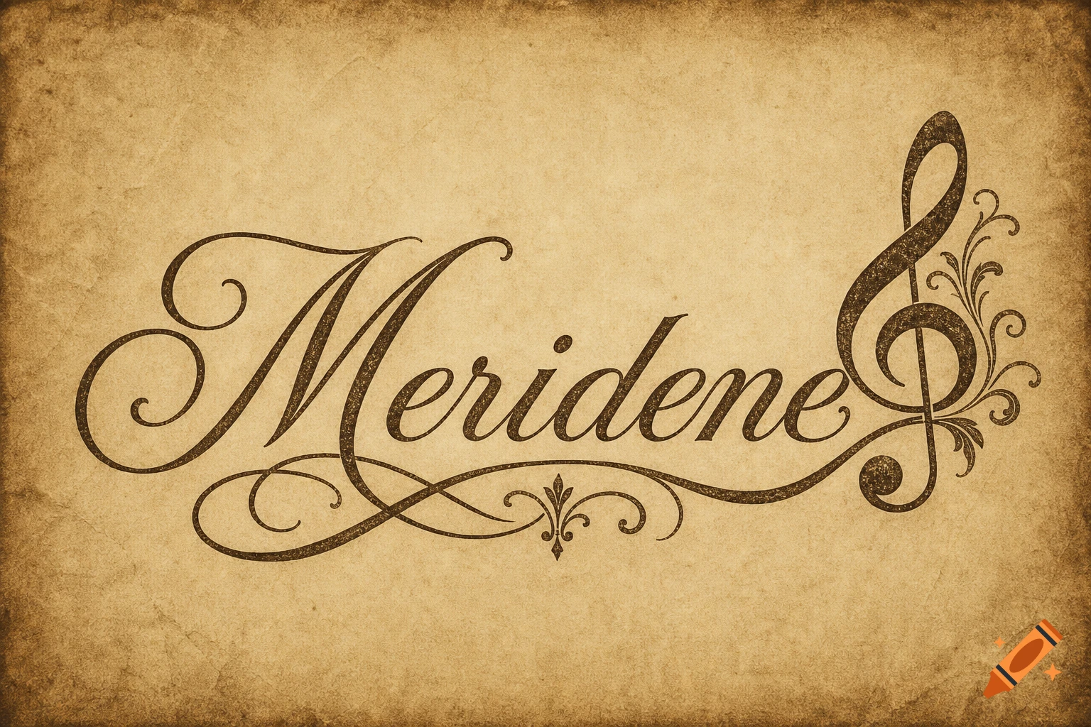 The word "Meridene" in fancy cursive with a treble clef and flourishes, on a vintage textured paper.