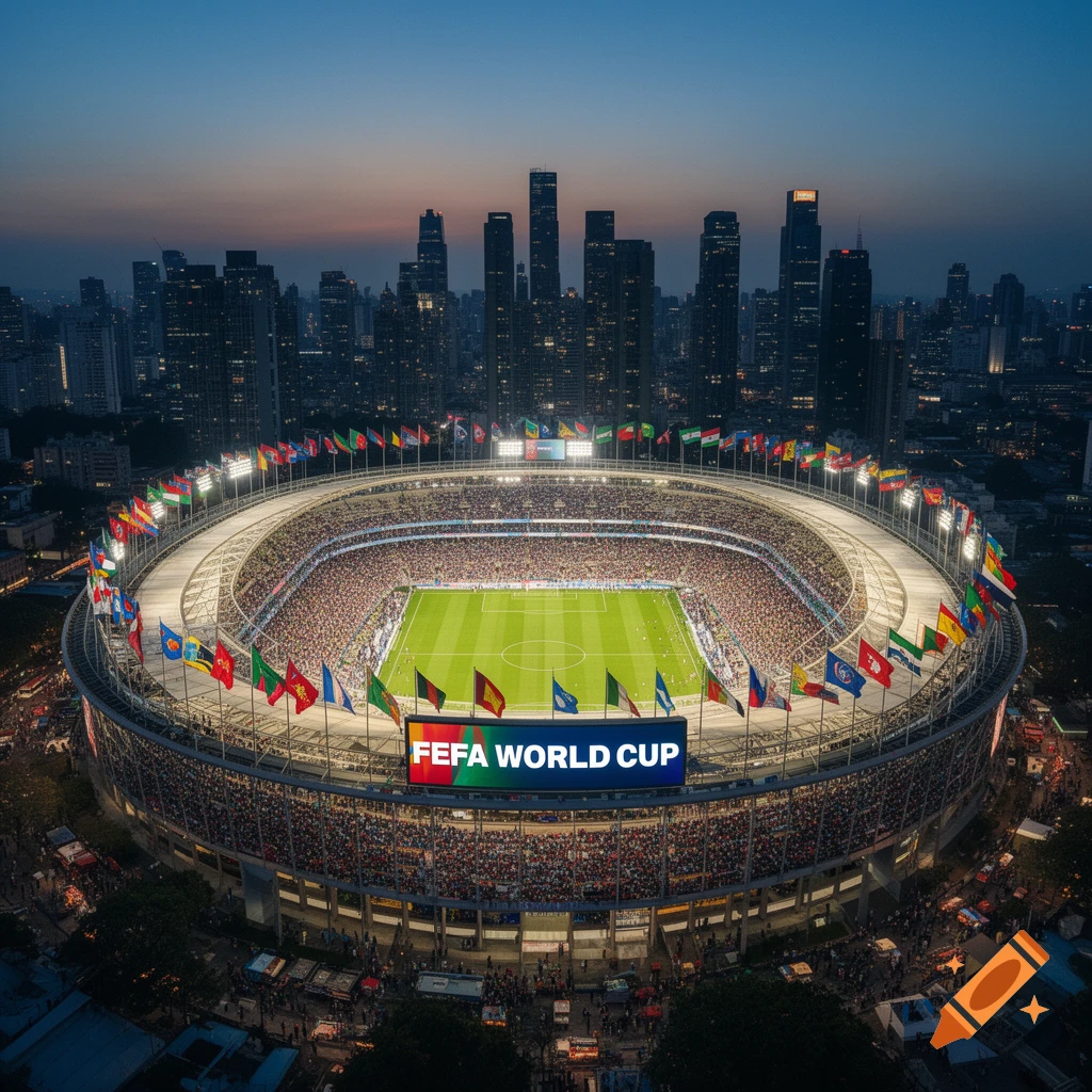 Aerial view of a large, illuminated soccer stadium at dusk, packed with fans, with national flags and 'FEFA WORLD CUP' displayed on a screen, set against a city skyline.