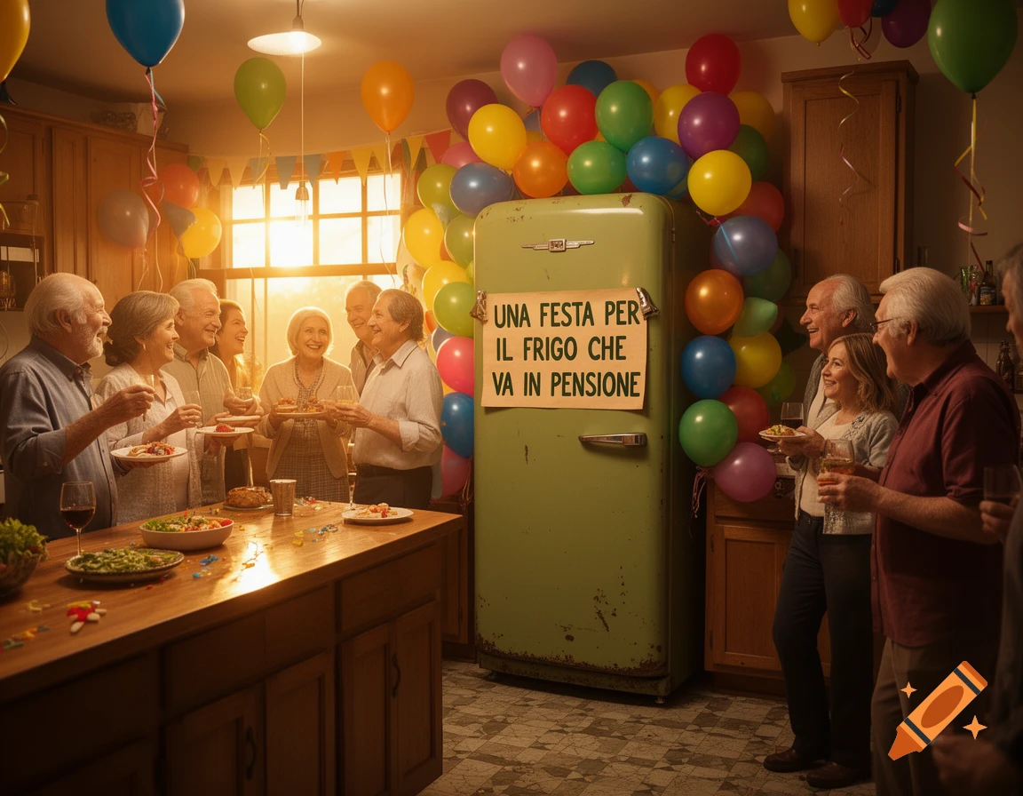 A group of smiling seniors celebrates in a kitchen filled with balloons, gathered around a retro green refrigerator with a sign reading 'A party for the retiring fridge'.