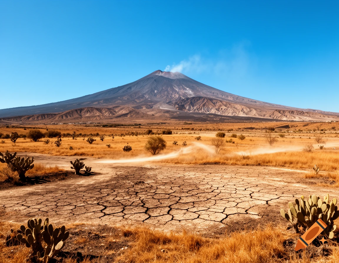A wide, photorealistic view of a volcanic landscape, showing dry, cracked earth with sparse vegetation and cacti in the foreground, leading to a large, smoking volcano under a clear blue sky.