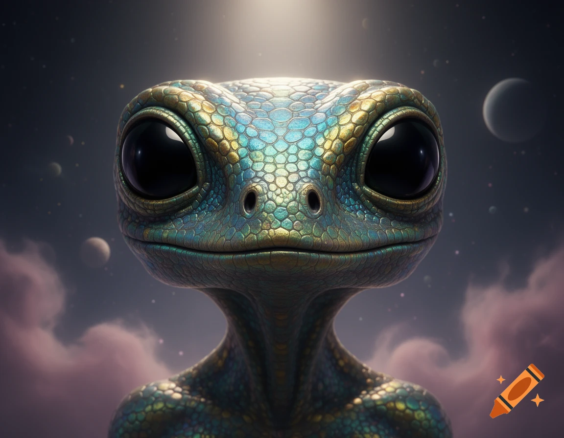 Close-up of a cute, flat-faced, lizard-like alien with large black eyes and iridescent scales, against a dreamy space background with planets.