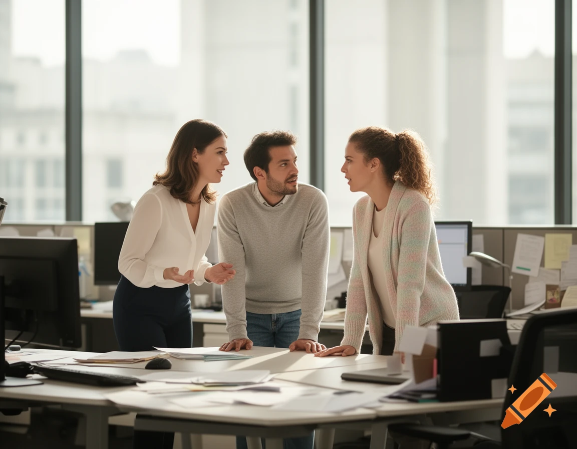 Three coworkers standing at desks in a bright office, engaged in conversation.