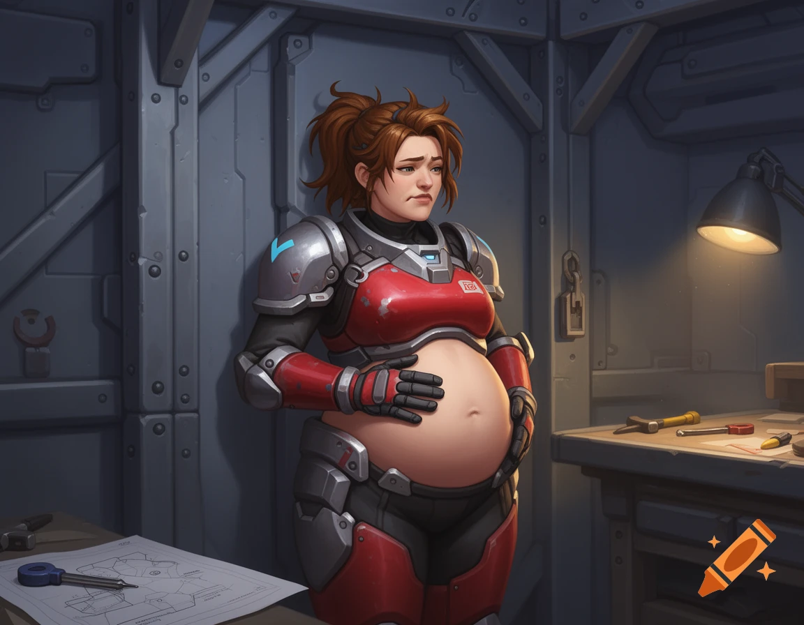 Brigitte from Overwatch, in sci-fi armor, rubs her pregnant belly in a futuristic workshop.