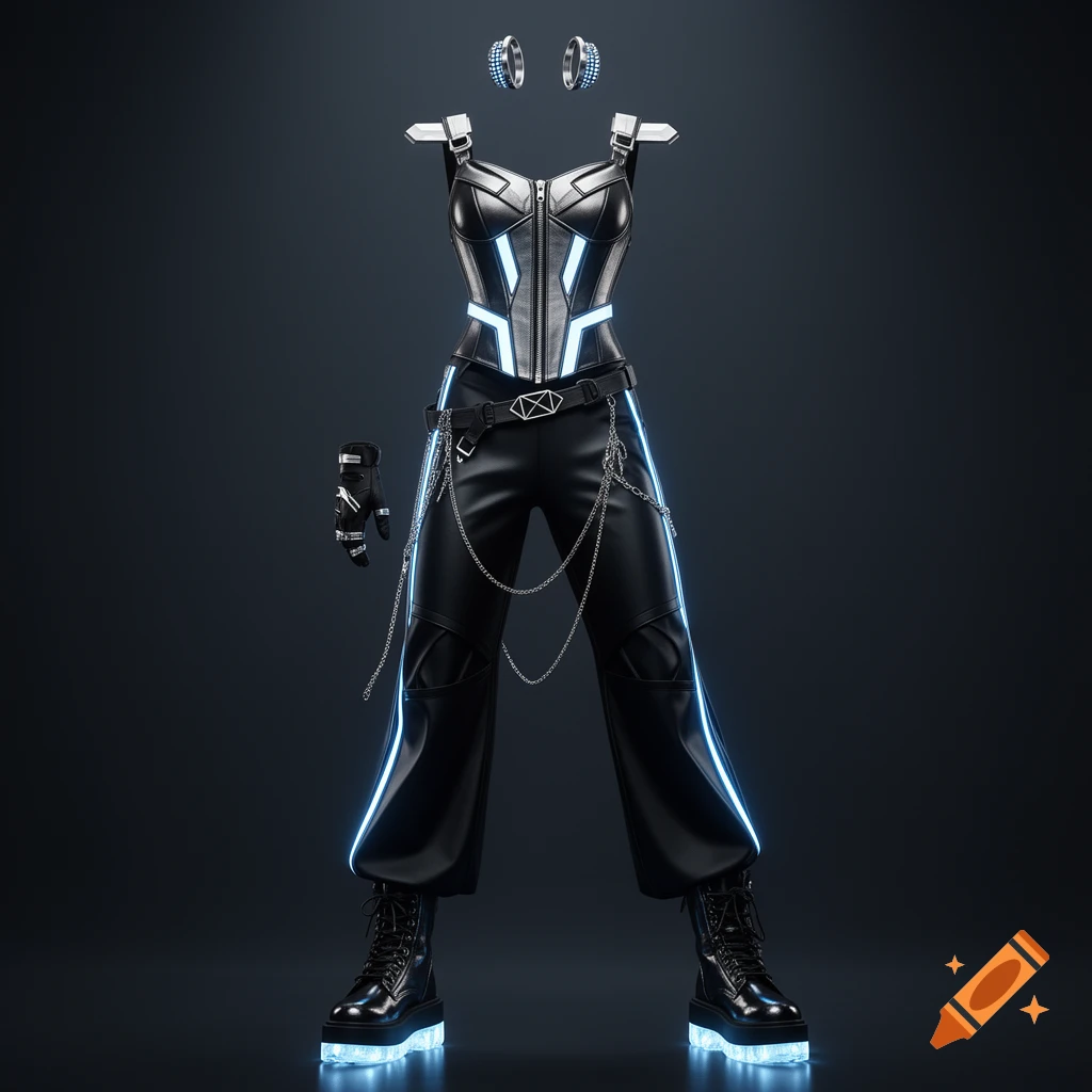 A futuristic black leather and metallic outfit with glowing blue accents, including a corset, wide-leg pants, combat boots, glove, and ear cuffs, on a dark background.