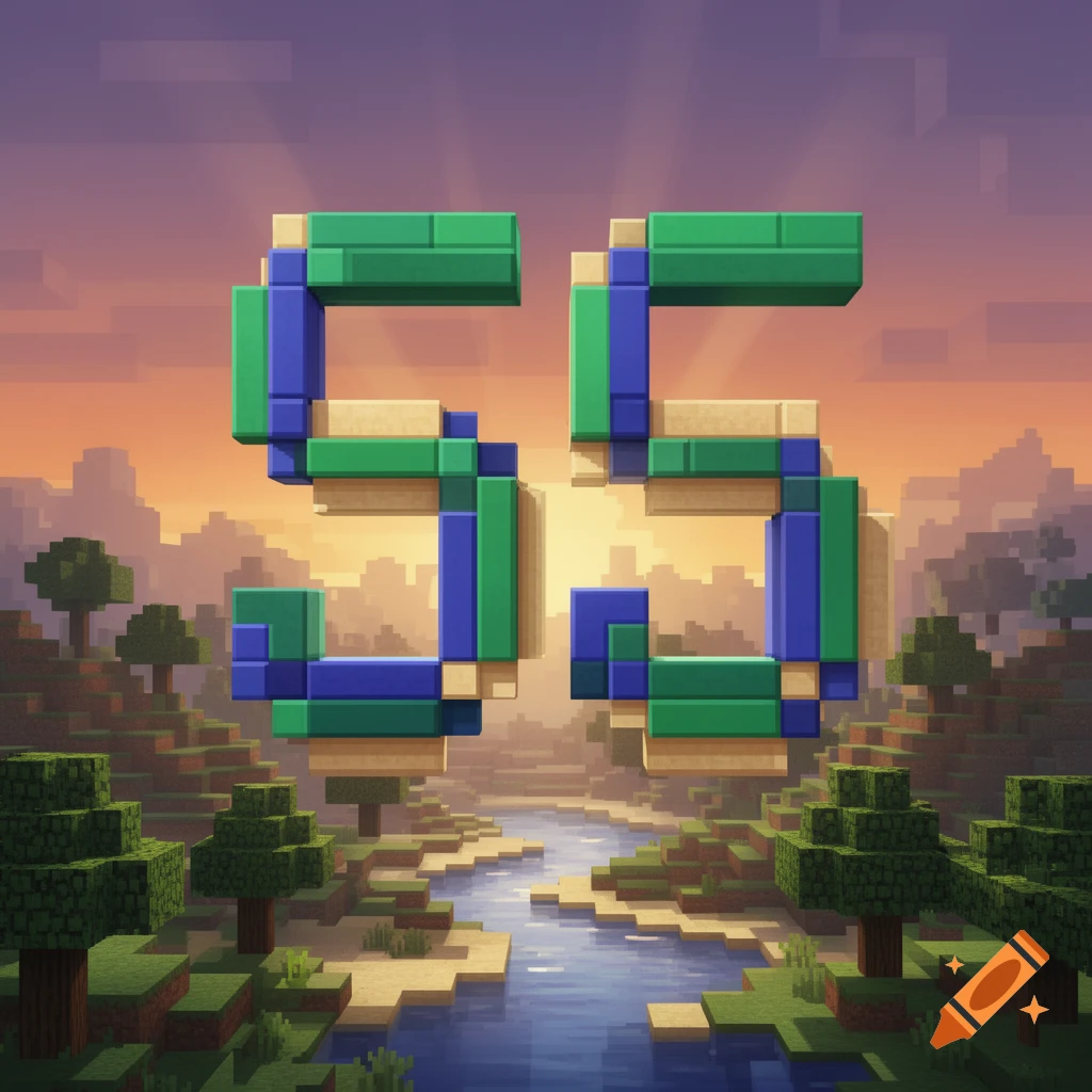 Two large numbers '55' made of blue and green blocks float above a pixelated Minecraft-style river landscape at sunset.