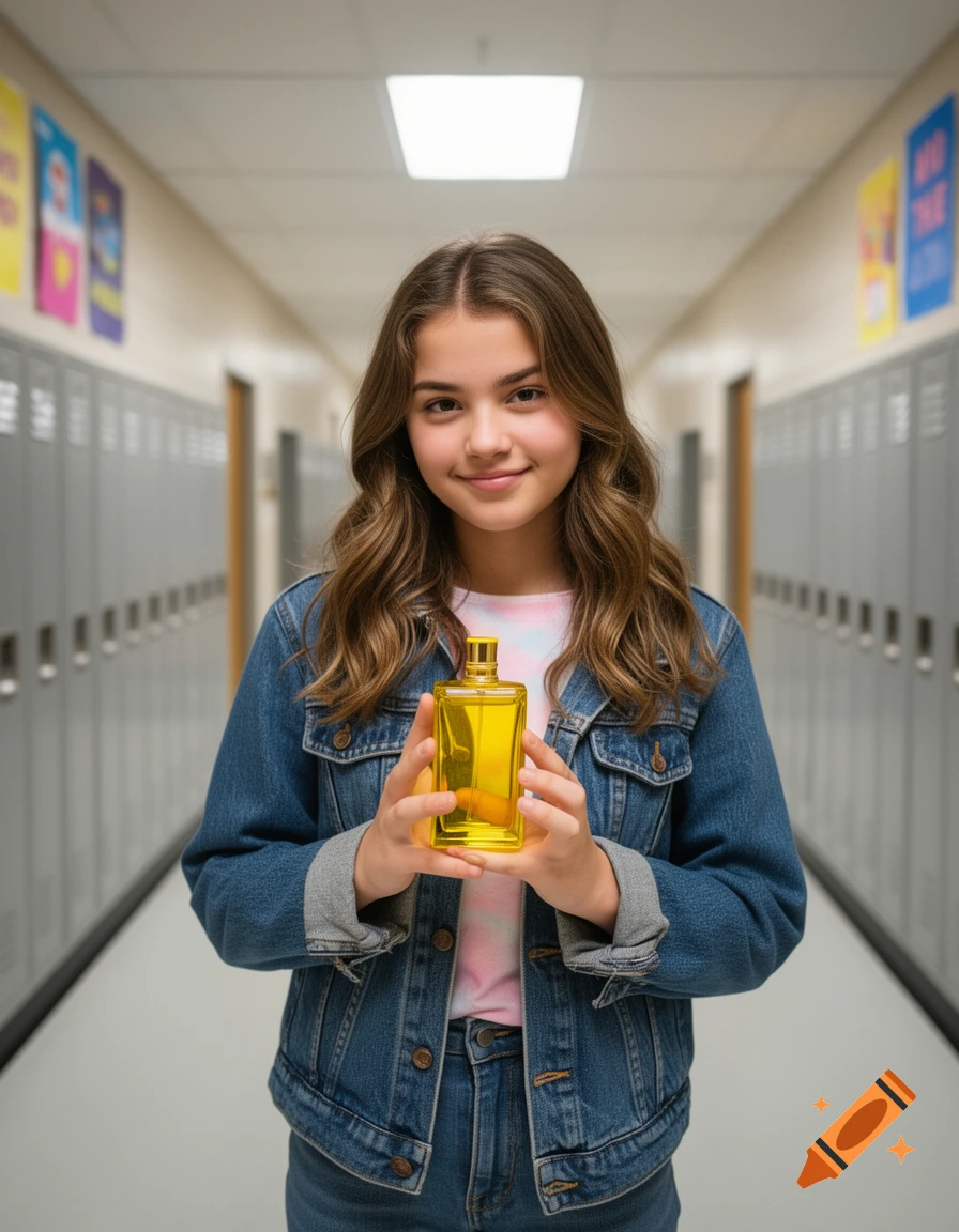 A smiling teenage girl in a denim jacket holds a yellow perfume bottle in a school hallway.