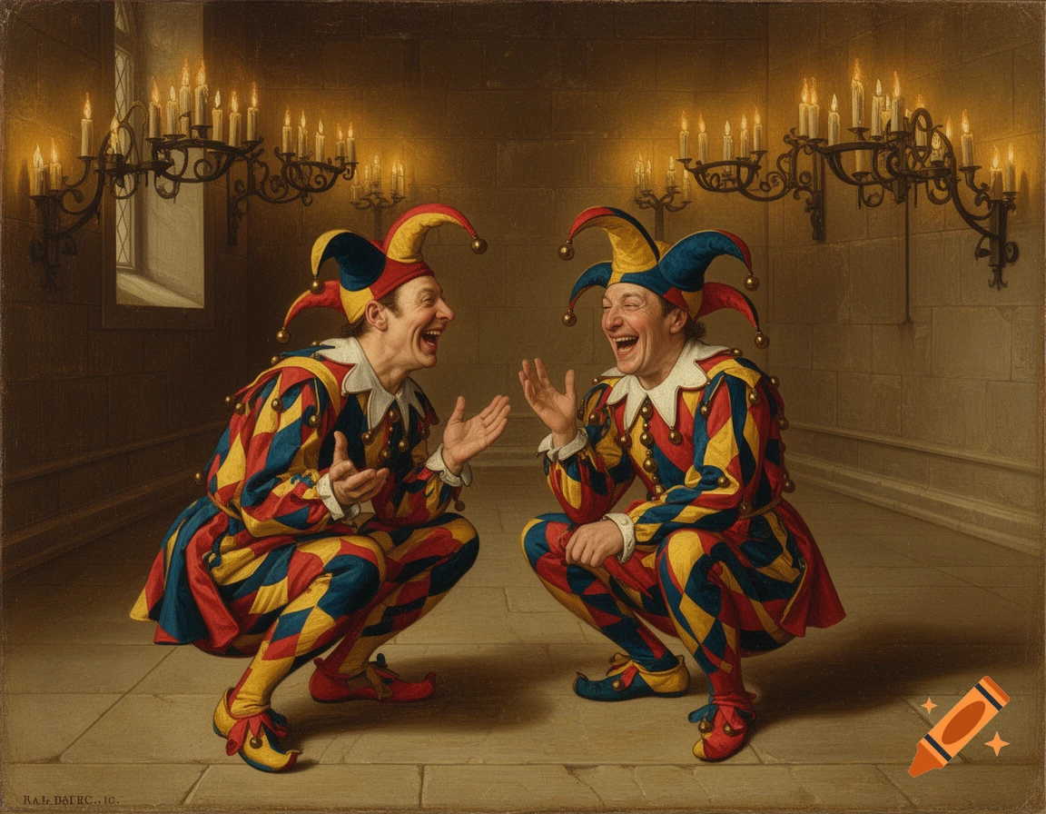 Two court jesters in colorful outfits crouch and laugh in a candlelit medieval castle hall, depicted as a detailed oil painting.