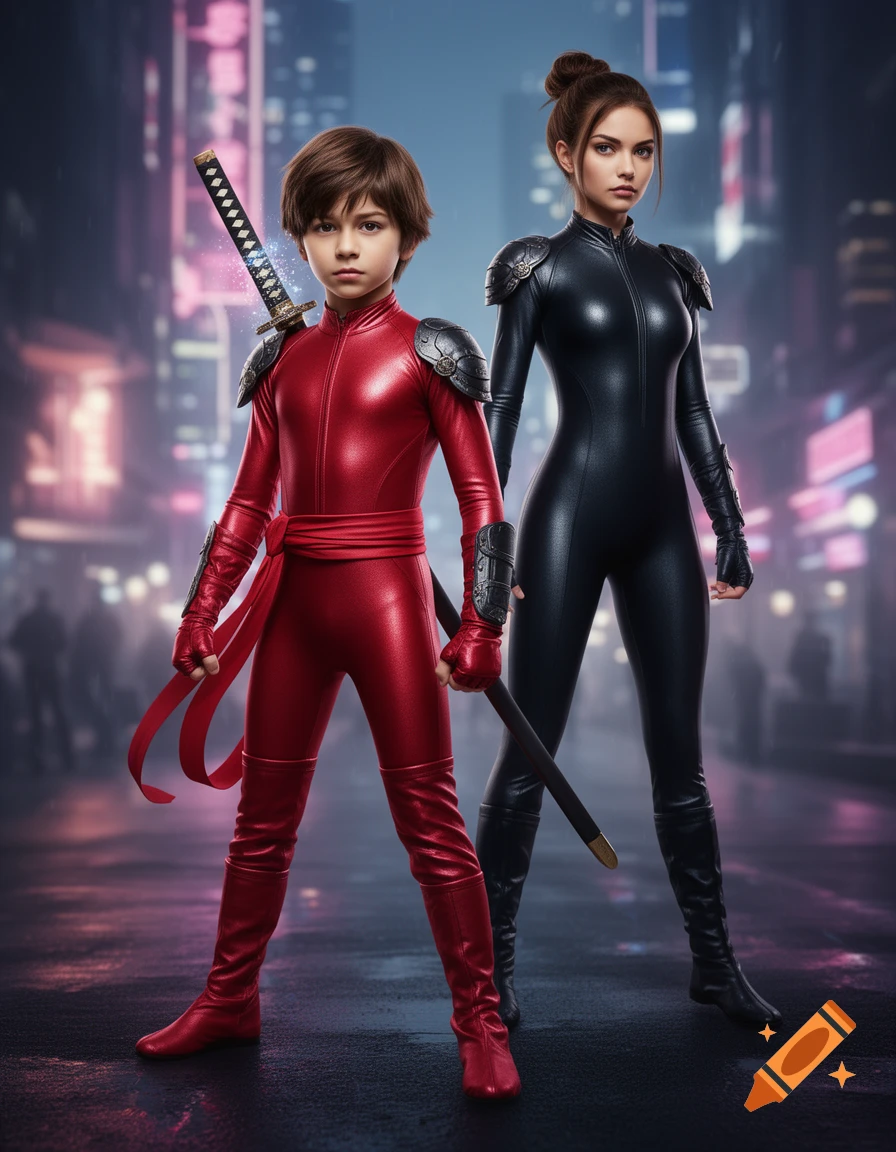 A boy in a shiny red ninja suit and a woman in a shiny black ninja suit stand with katanas in a neon-lit city street.