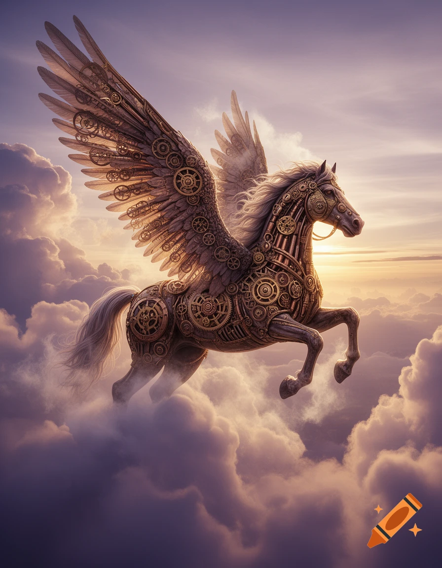 A majestic steampunk Pegasus, made of gears and bronze, flying gracefully through a sky filled with soft clouds at sunset.