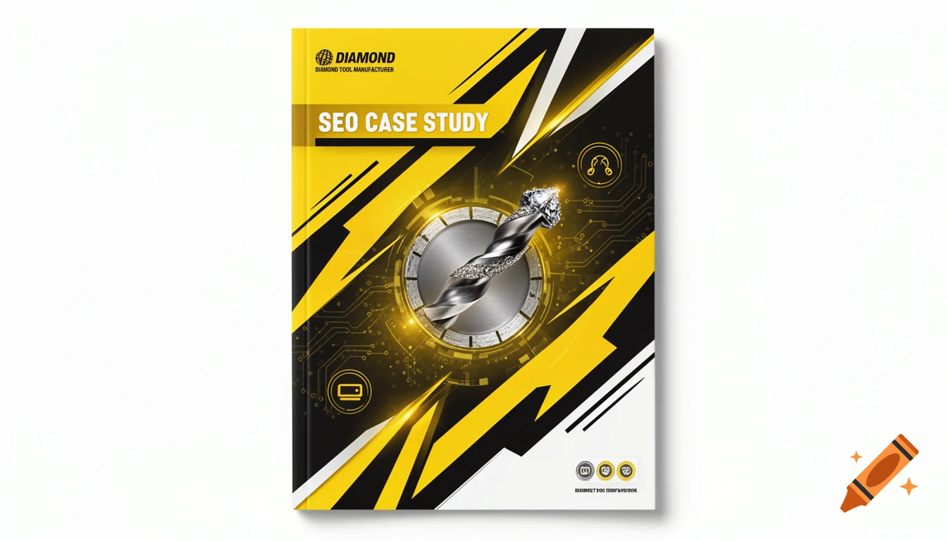A book cover for an SEO case study, featuring a yellow, black, and white graphic design with a drill bit at the center. Text reads "SEO CASE STUDY" and "DIAMOND TOOL MANUFACTURER".