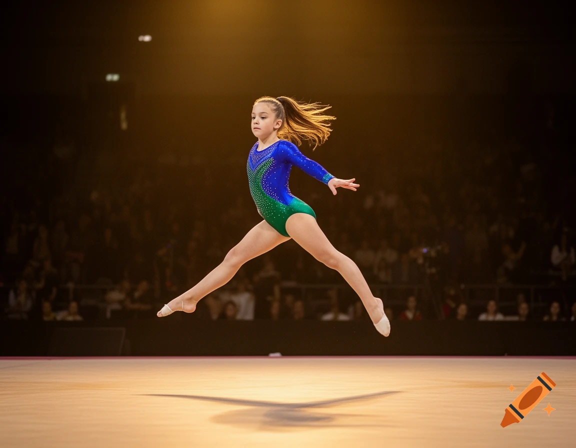A young gymnast in a blue and green leotard leaps mid-air on a spotlighted floor in an arena.