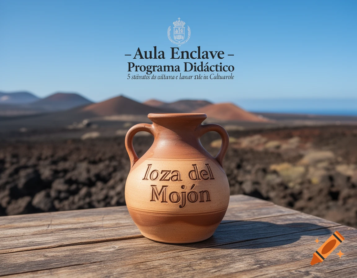 A close-up of a two-handled ceramic pot with "loza del Mojón" embossed on it, sitting on a wooden table. In the background, a volcanic landscape with reddish-brown hills under a clear blue sky. Overlay text reads "Aula Enclave Programa Didáctico" and smaller garbled text.