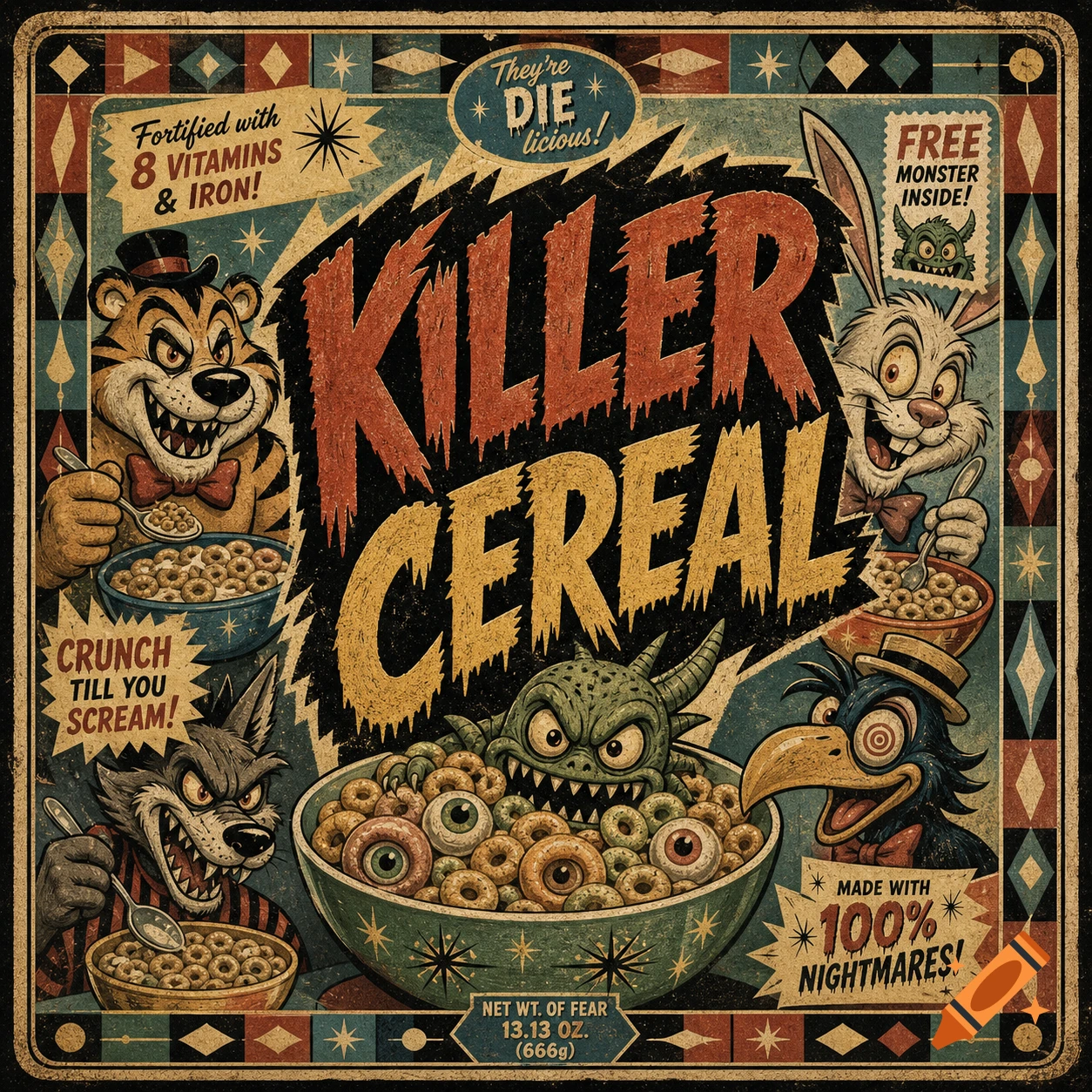 A distressed vintage illustration of a 'Killer Cereal' box featuring monster and animal mascots eating cereal with eyeballs.