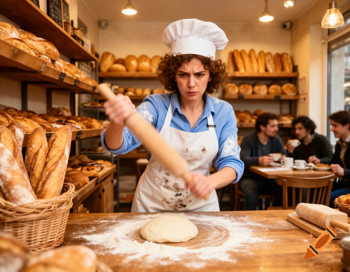 A focused female baker with curly hair and a chef's hat vigorously kneads dough with a rolling pin in a bustling bakery.