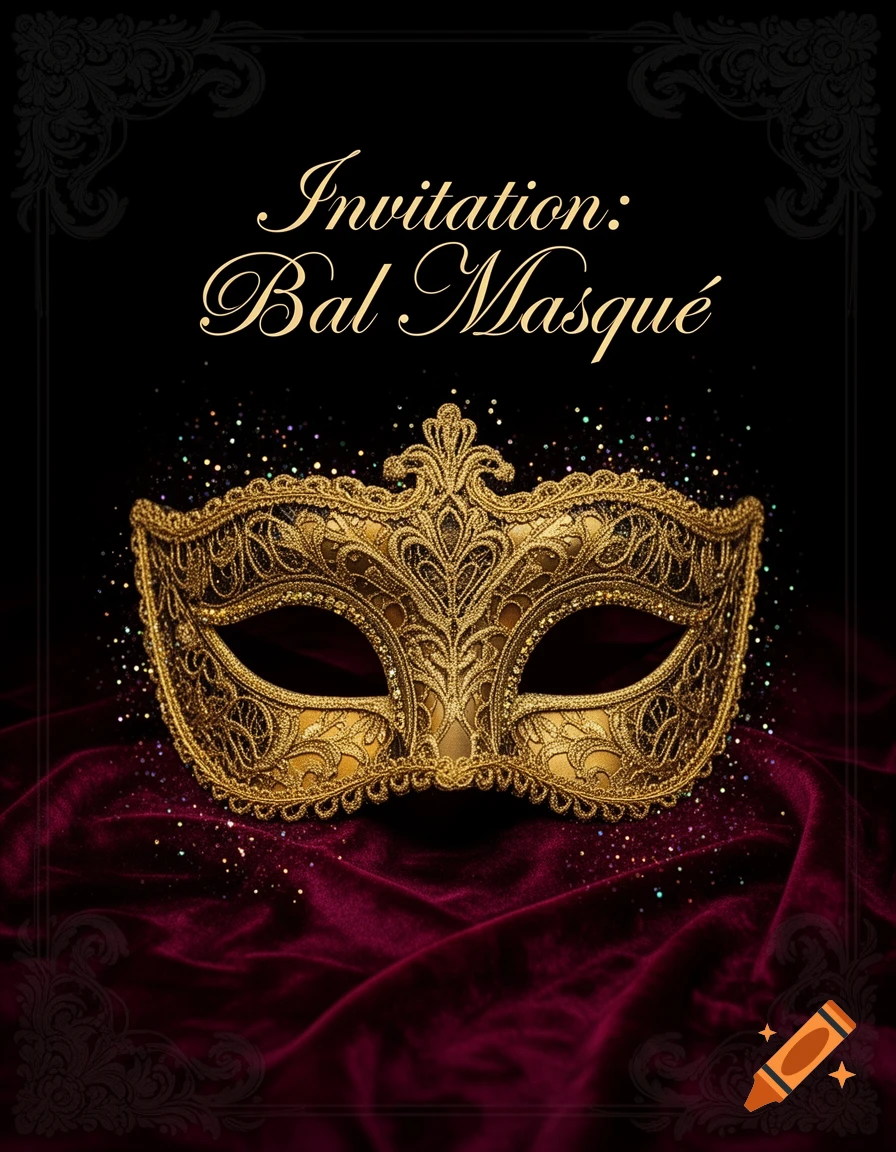 An ornate golden Venetian mask on red velvet with glitter, against a black background with elegant borders, reads "Invitation: Bal Masqué".