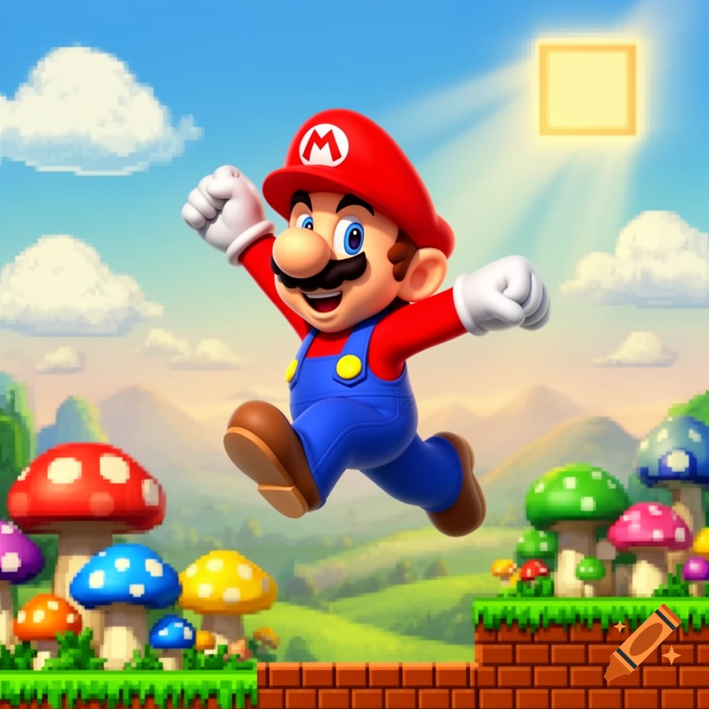 Mario jumps joyfully in a vibrant, mixed-style video game world with pixelated clouds, mountains, and colorful mushrooms.