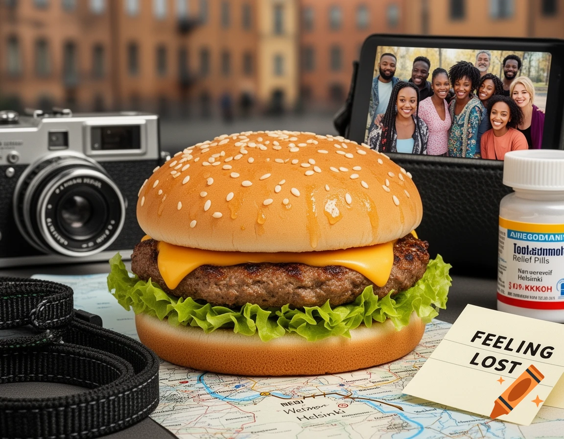 Photorealistic still life with a cheeseburger, vintage camera, world map, and a phone displaying a group of friends, alongside a pill bottle and a note reading 'FEELING LOST'.