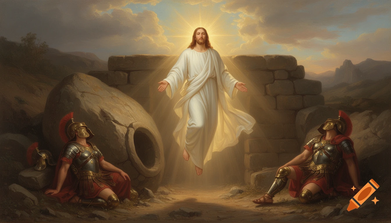 Oil painting of a radiant Jesus ascending from a stone tomb, with two Roman guards asleep on either side.