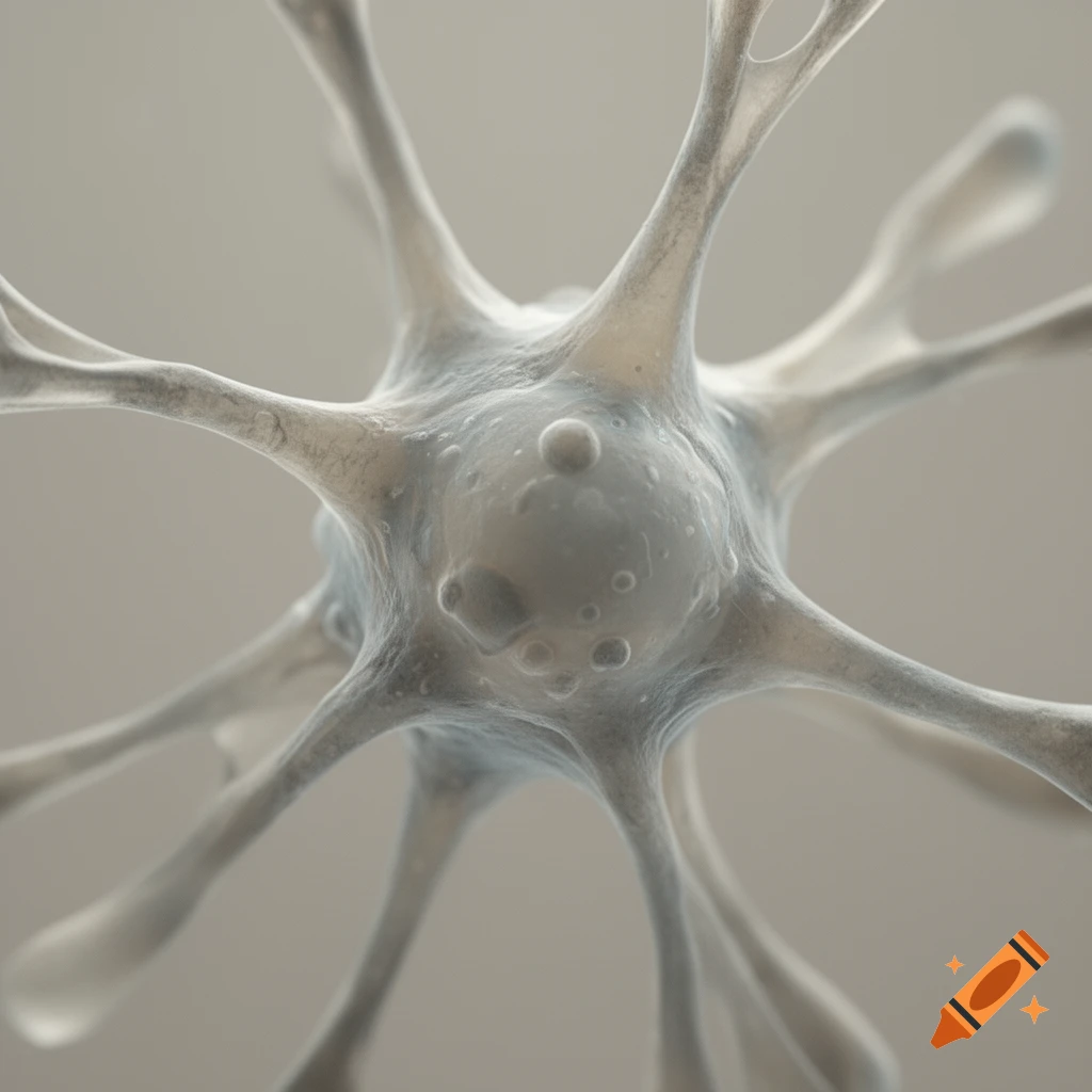 A close-up, highly detailed view of a translucent, off-white biological cell with multiple arm-like extensions and a textured surface.