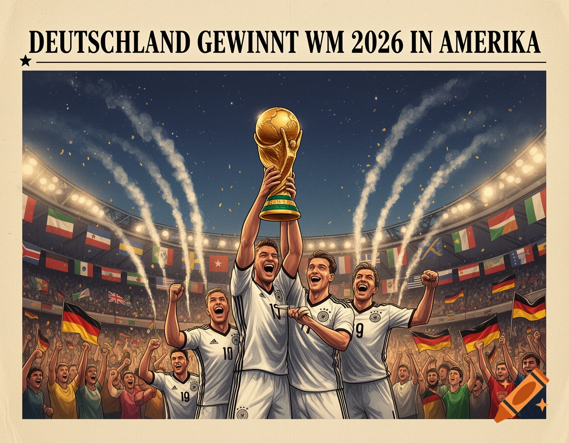 Illustrated headline: German soccer players lift the World Cup trophy in a stadium full of cheering fans and flags, celebrating victory.