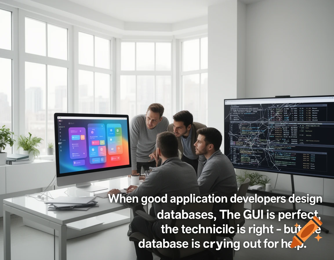 Four male developers in an office with large windows look at a computer monitor displaying a colorful GUI and a large wall-mounted screen with code.