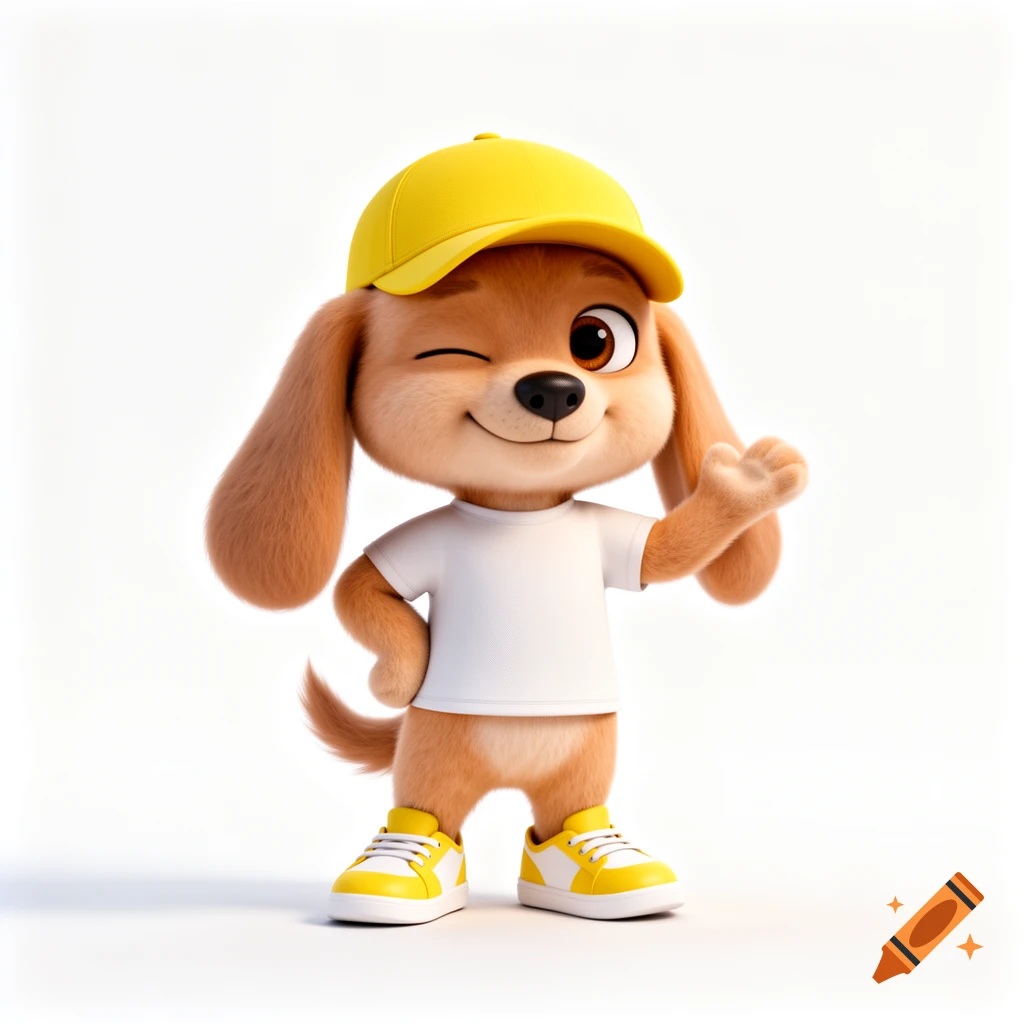 A cute winking cartoon dog character with long ears, a yellow cap, white t-shirt, and yellow and white shoes, standing on a white background.