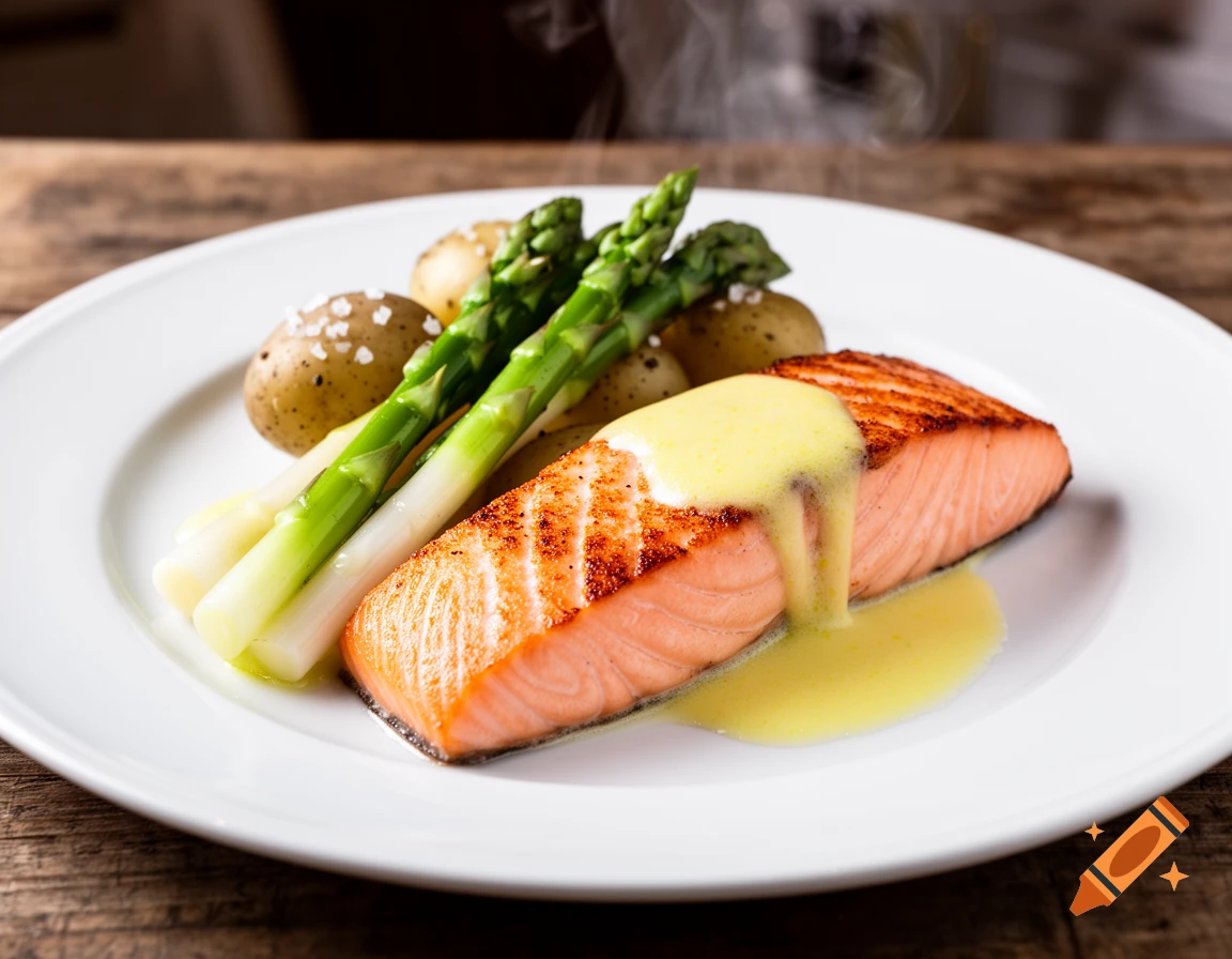 Grilled salmon fillet with green and white asparagus, small potatoes, and lemon butter sauce on a white plate.