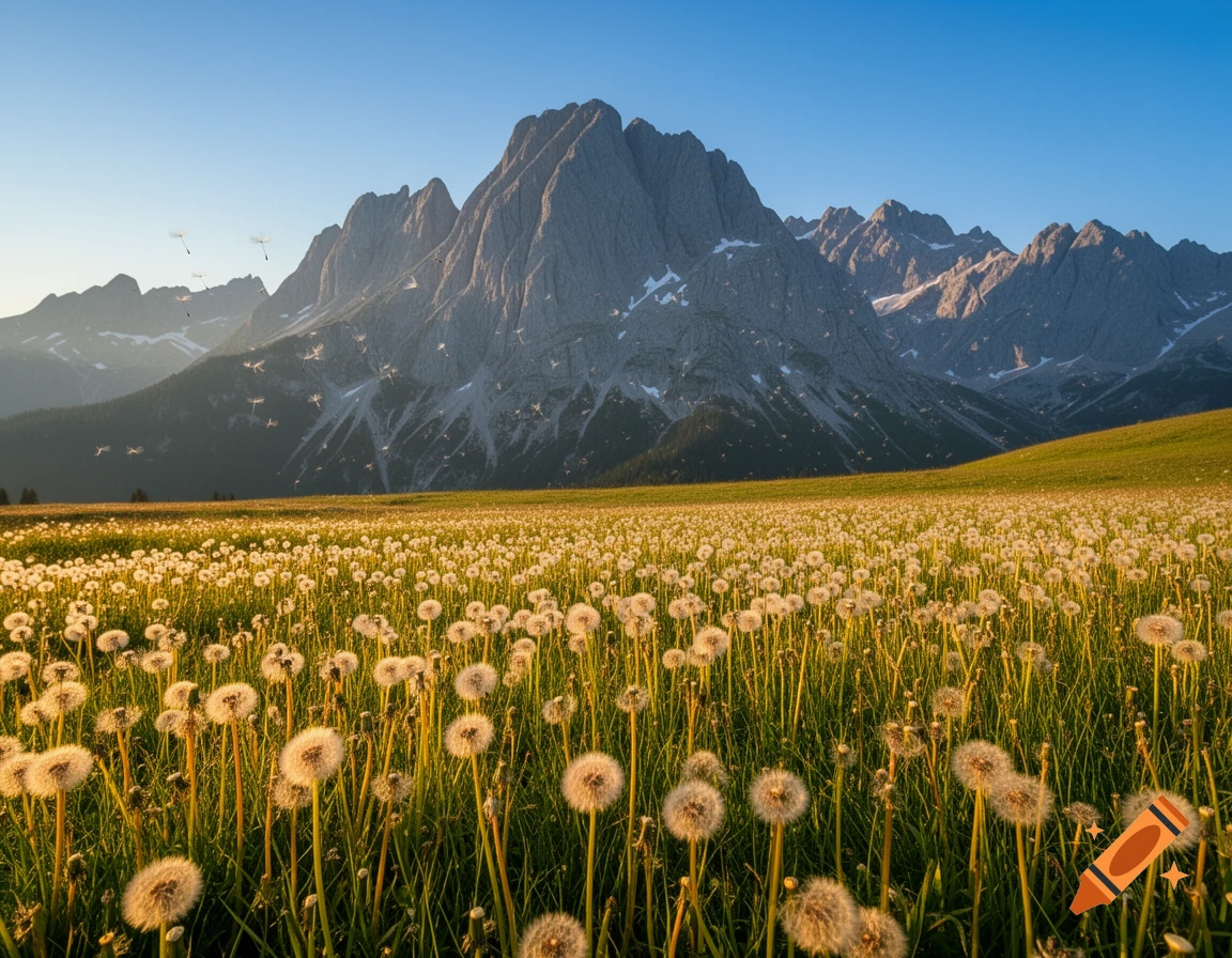 A vast field of dandelions with many seeds floating in the air, set against imposing grey mountains under a clear blue sky.