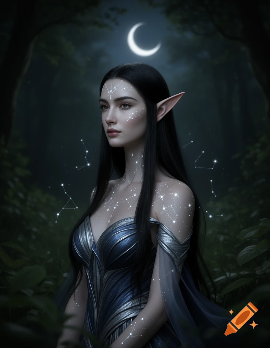 A beautiful female elf with long dark hair and constellations on her skin, wearing a blue and silver dress, stands in a dark forest under a crescent moon.