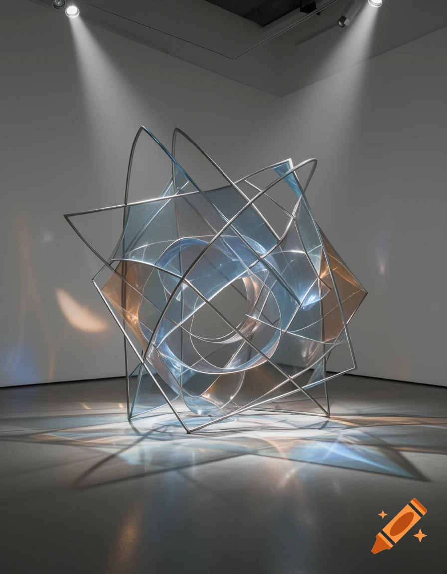 A complex, geometric 3D sculpture made of metal frames and translucent panels, illuminated by spotlights in an art gallery.