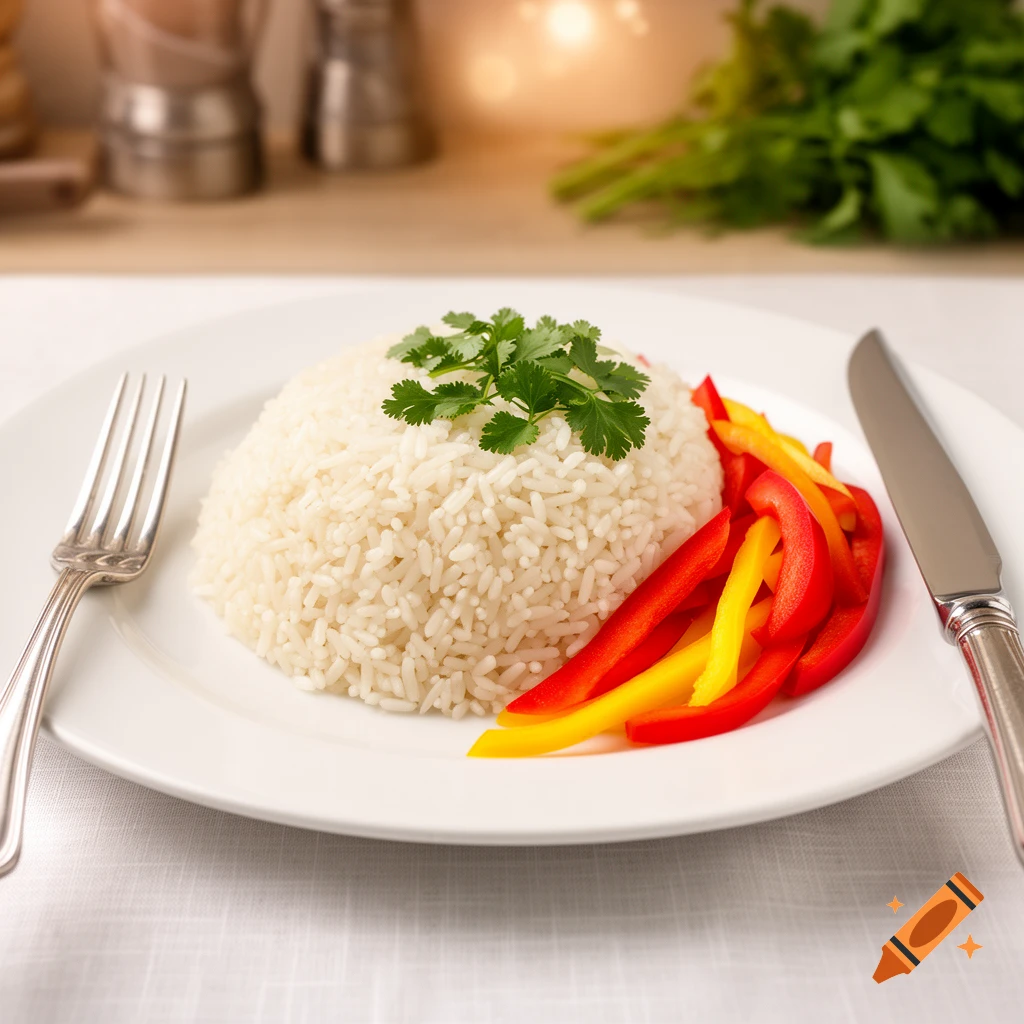A plate of white rice garnished with cilantro, served with sliced red and yellow bell peppers, a fork, and a knife.