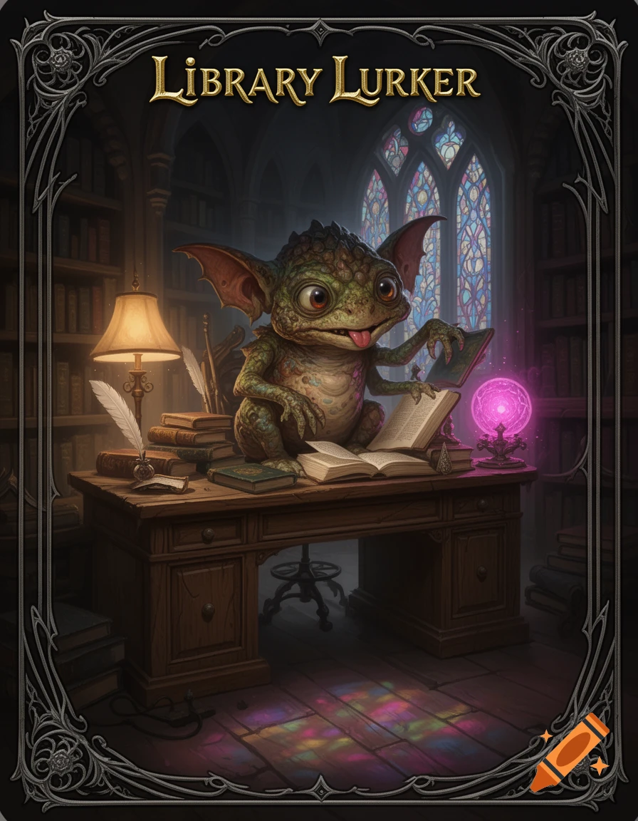 A small, green fantasy creature reads a book on a desk in a gothic library with stained glass windows, framed as a trading card.
