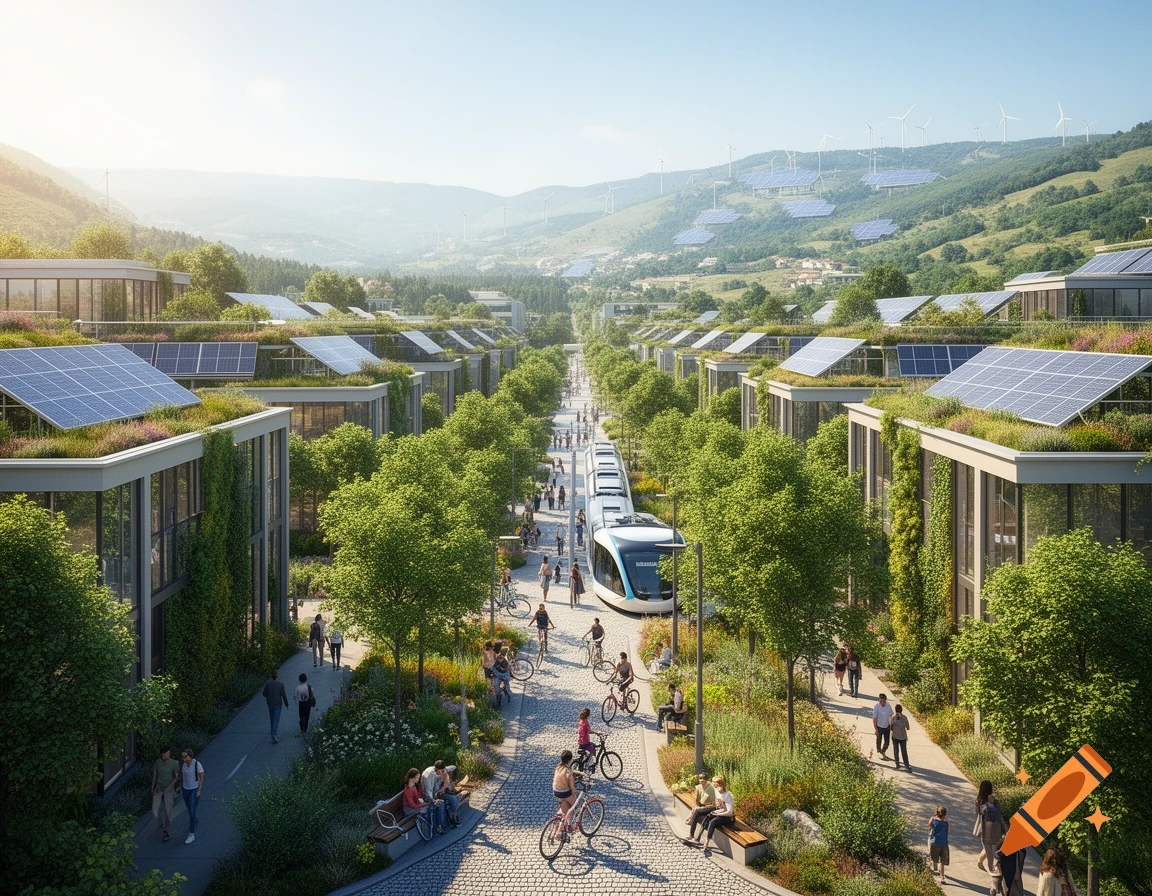 Aerial view of a sustainable city with tree-lined pedestrian pathways, green-roofed buildings with solar panels, and a tram. Wind turbines and solar farms dot distant hills.