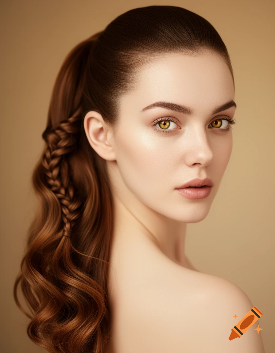 A close-up photorealistic portrait of a woman with a braided ponytail, wavy brown hair, striking golden-green eyes, and pale skin.