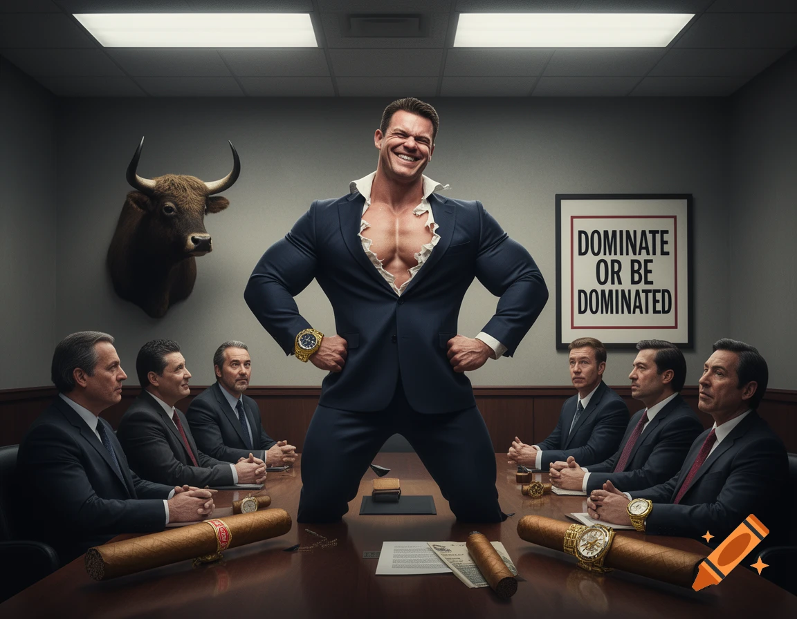 A muscular man in a ripped suit stands on a conference table, grinning at six seated businessmen, under a 'DOMINATE OR BE DOMINATED' poster.