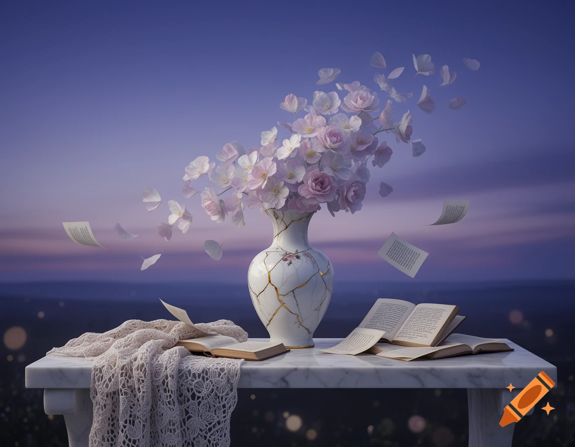 A Kintsugi-style vase with light pink flowers sits on a marble table with open books and a lace cloth, under a twilight sky. Petals and pages float in the air.