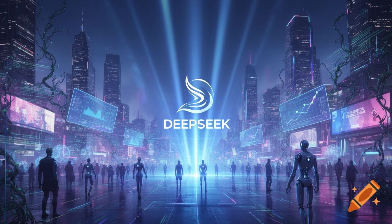 A futuristic city at night with neon lights, a large glowing 'DEEPSEEK' logo, and robotic figures walking on a reflective surface.