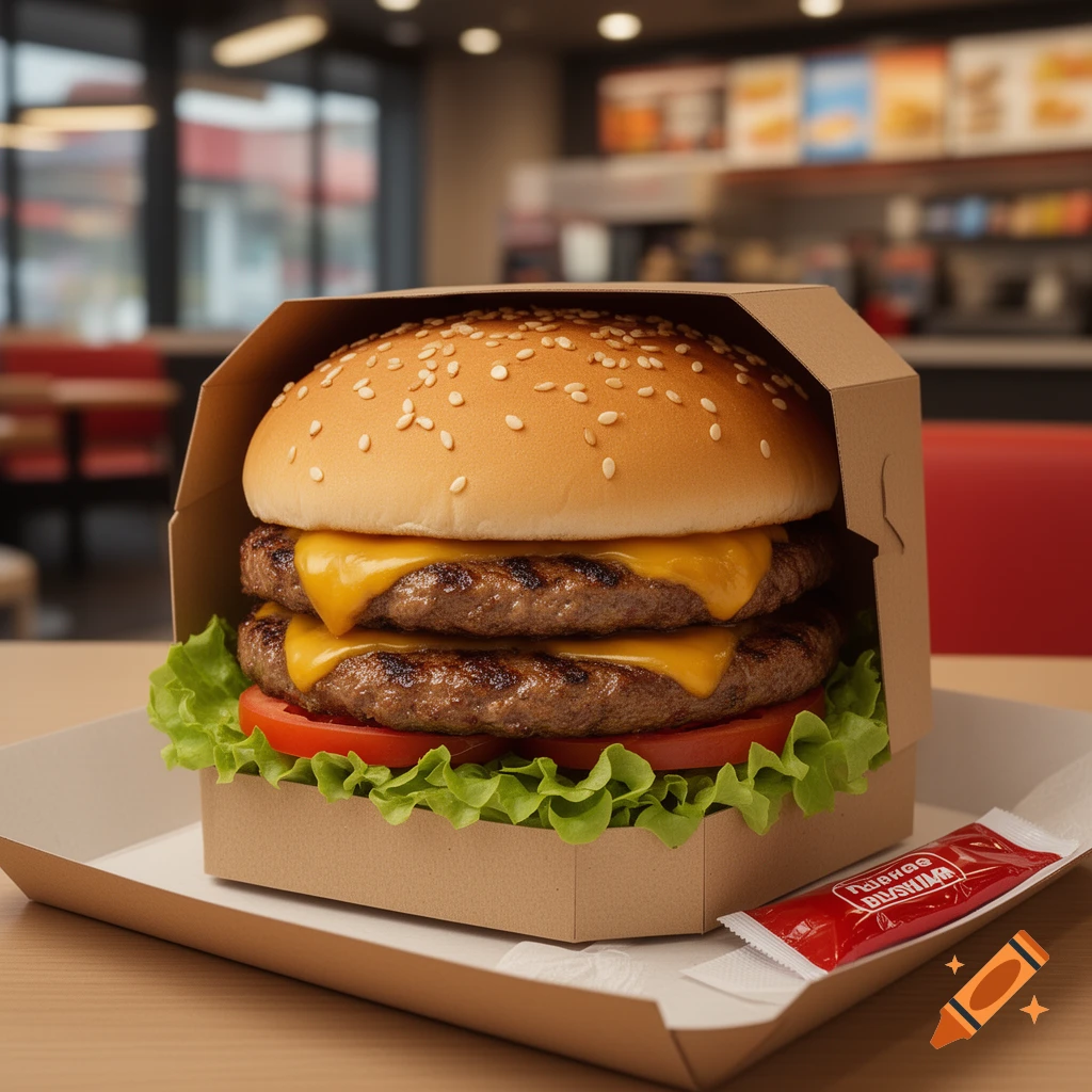 A photorealistic double cheeseburger with lettuce and tomato in a cardboard container, with a ketchup packet, inside a fast-food restaurant.