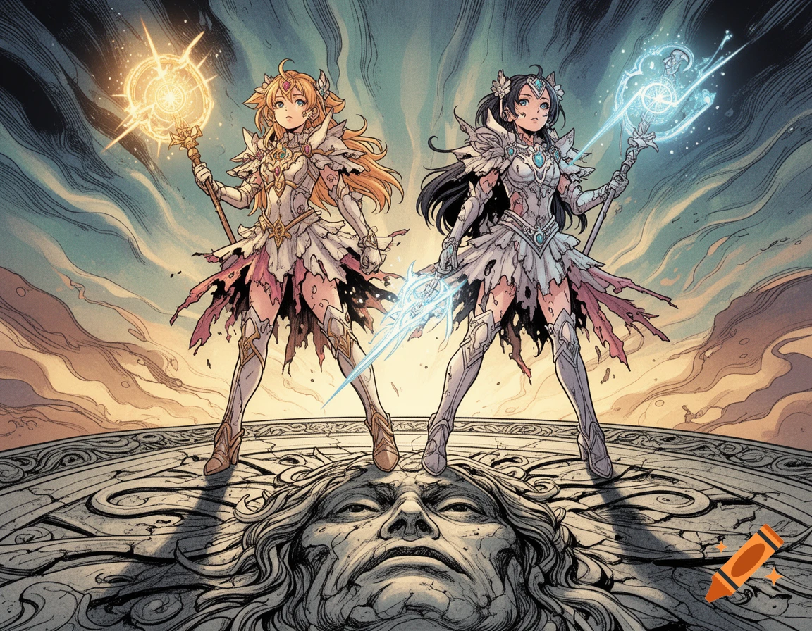 Two battle-damaged anime magical girl heroines with glowing weapons stand triumphantly on a stone carved floor, in comic book style.