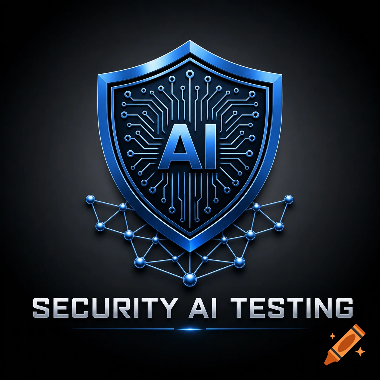 Blue metallic shield logo with AI text and circuit patterns, above 'SECURITY AI TESTING' and a network of nodes.