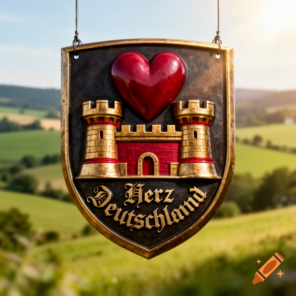 A hanging ornate shield emblem featuring a red heart, a golden castle, and the text 'Herz Deutschland,' against a blurred green landscape.