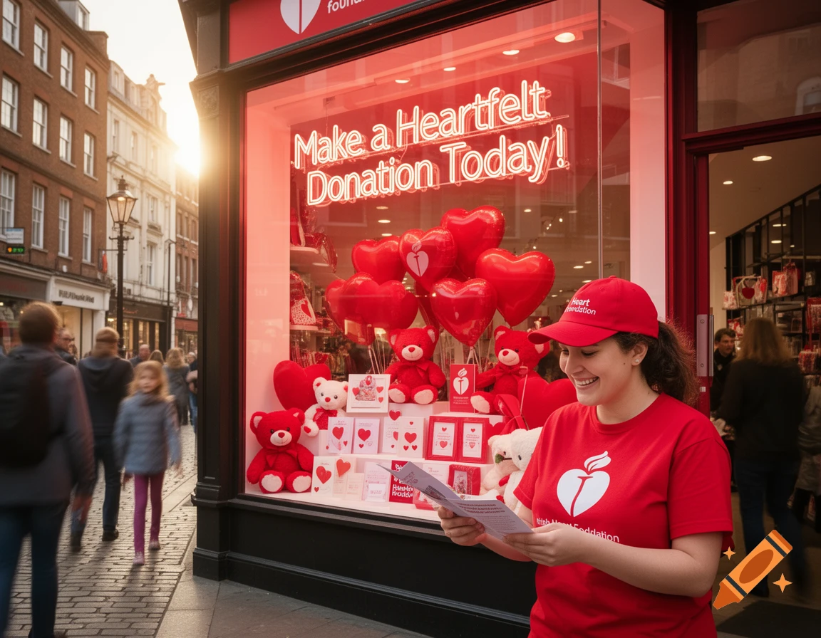 Smiling woman in British Heart Foundation attire outside a store with a neon sign reading 'Make a Heartfelt Donation Today!', red heart balloons, and teddy bears.