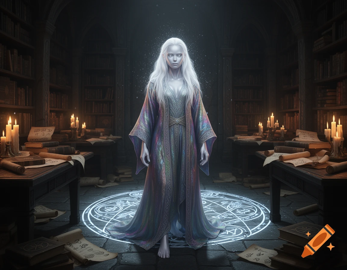 An albino or silver-skinned female changeling in a flowing iridescent robe stands in a dark, candlelit library on a glowing magic circle.