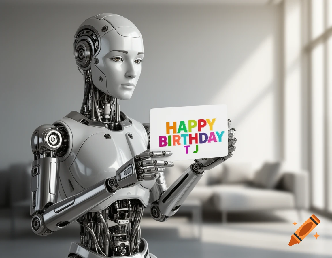 A photorealistic robot holds a white card with "HAPPY BIRTHDAY TJ" in colorful letters in a modern room.