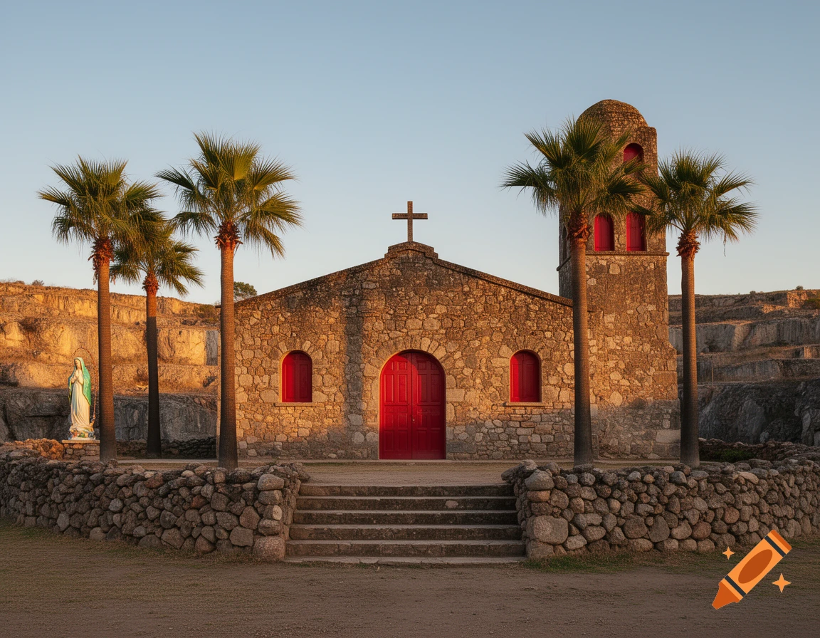 A stone mission with red doors and windows, a cross, bell tower, palm trees, and a Guadalupe statue at sunset.