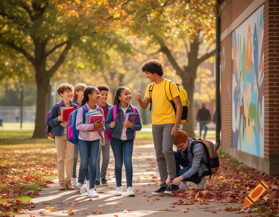 Group of diverse middle school students with backpacks and books walk on a leaf-strewn path outside a school building in autumn.