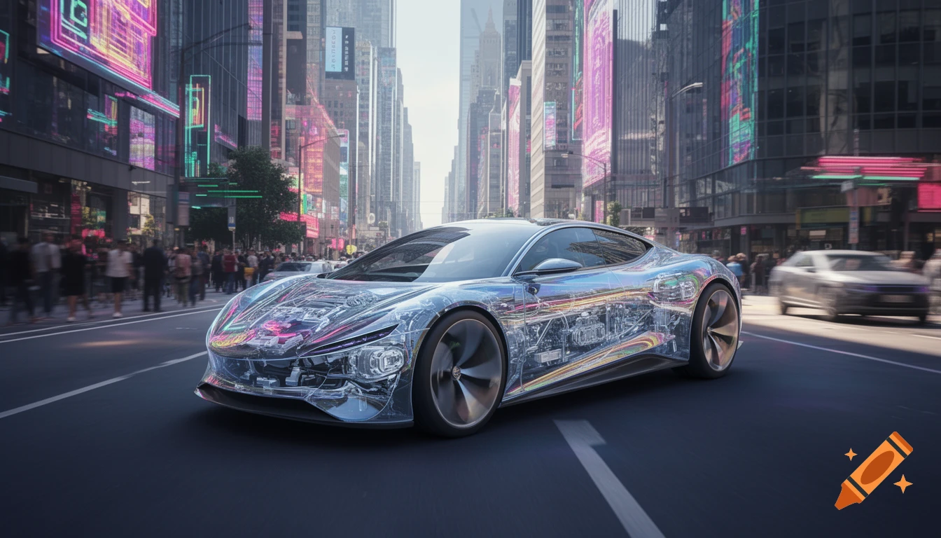 A partially transparent futuristic car with sleek curves drives on a city street lined with tall buildings and neon lights during the day.