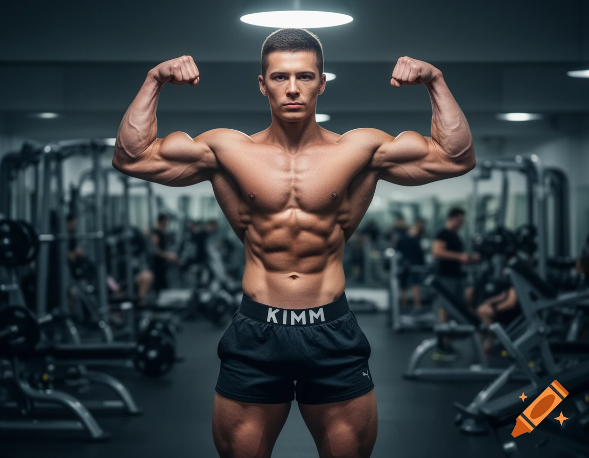 Muscular man flexing biceps and abs in a dimly lit gym, wearing black shorts with 'KIMM' on the waistband, photorealistic.