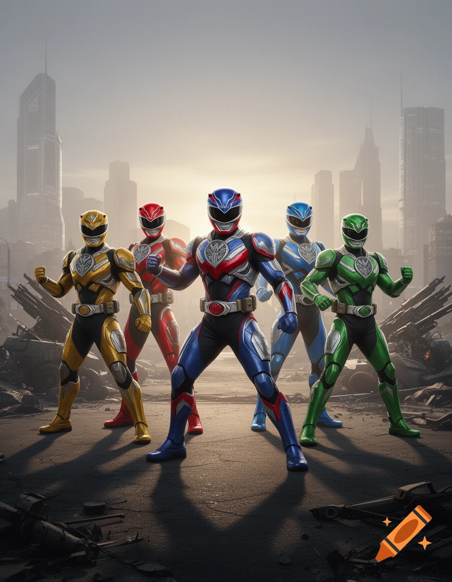 Five colorful Power Ranger-like superheroes, led by a blue and red ranger, pose heroically in an urban wasteland.